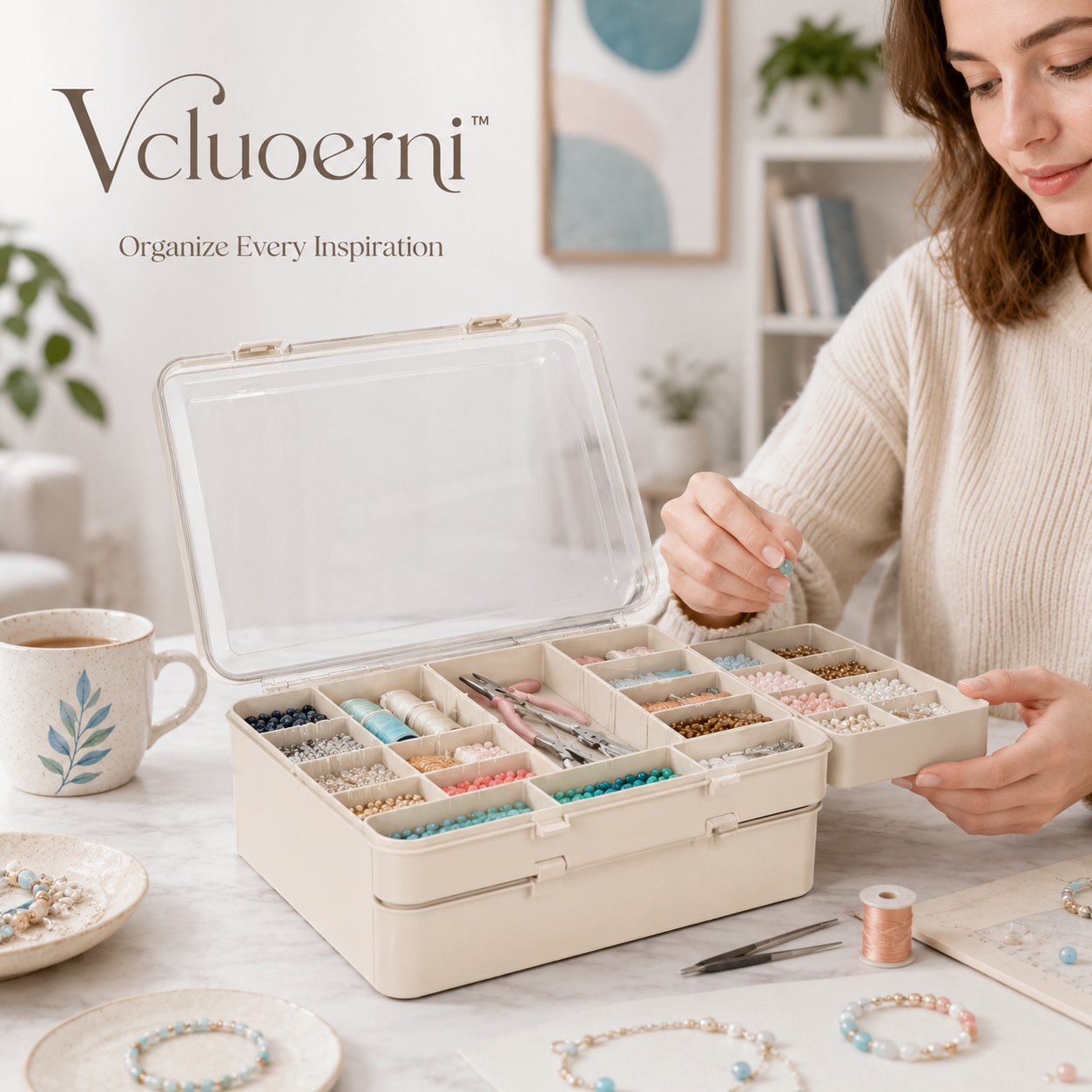 Vcluoerni™ Portable Craft Organizer Box – Adjustable Compartment Storage Case for Beads, Threads, Tools and DIY Supplies