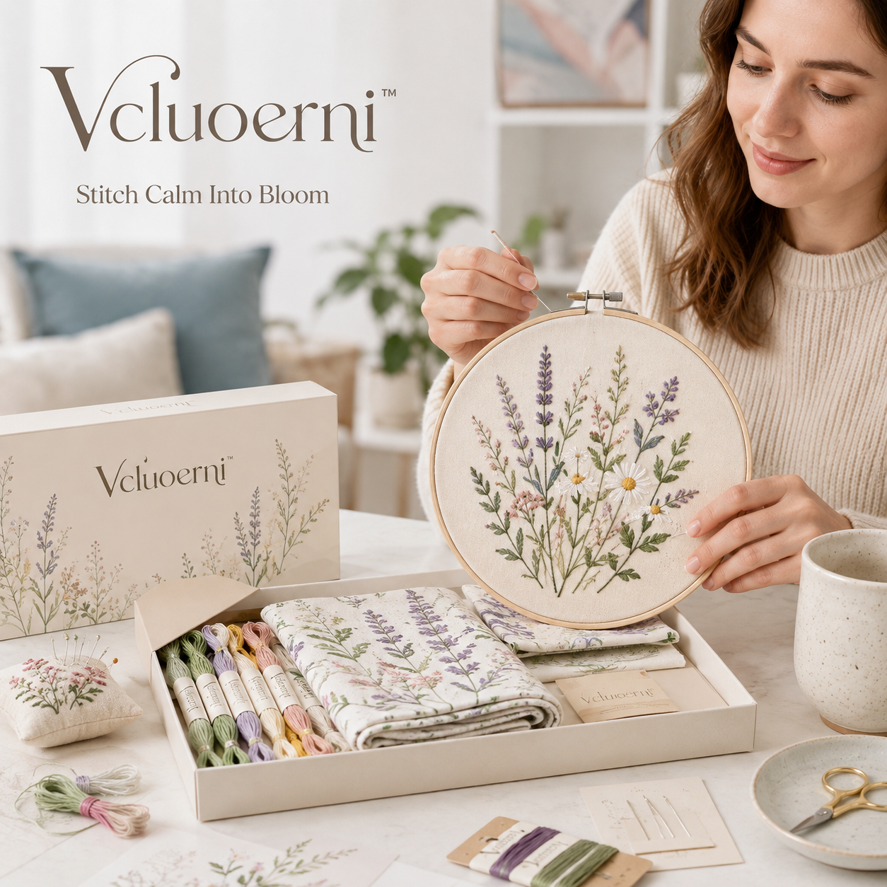 Vcluoerni™ Botanical Embroidery Starter Kit – Beginner Hand Stitching Set with Hoop, Floral Fabric, Threads and Needles