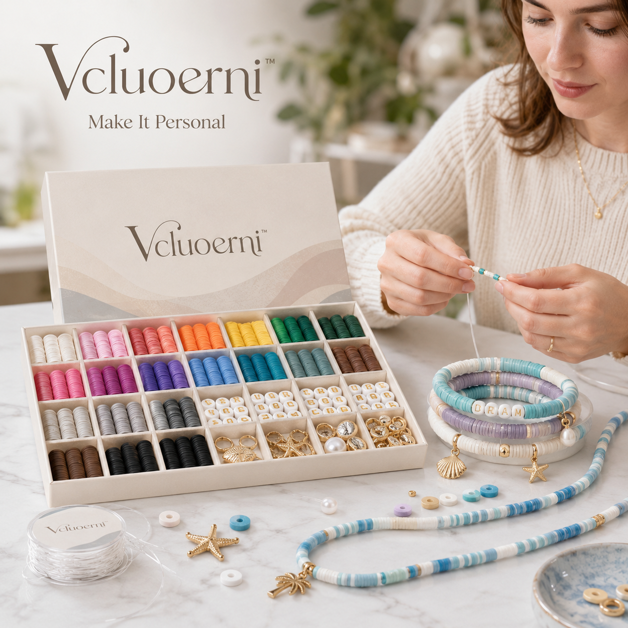 Vcluoerni™ Heishi Bead Jewelry Making Kit – Bracelet and Necklace Craft Set with Clay Beads, Letter Beads, Charms and Elastic Cord