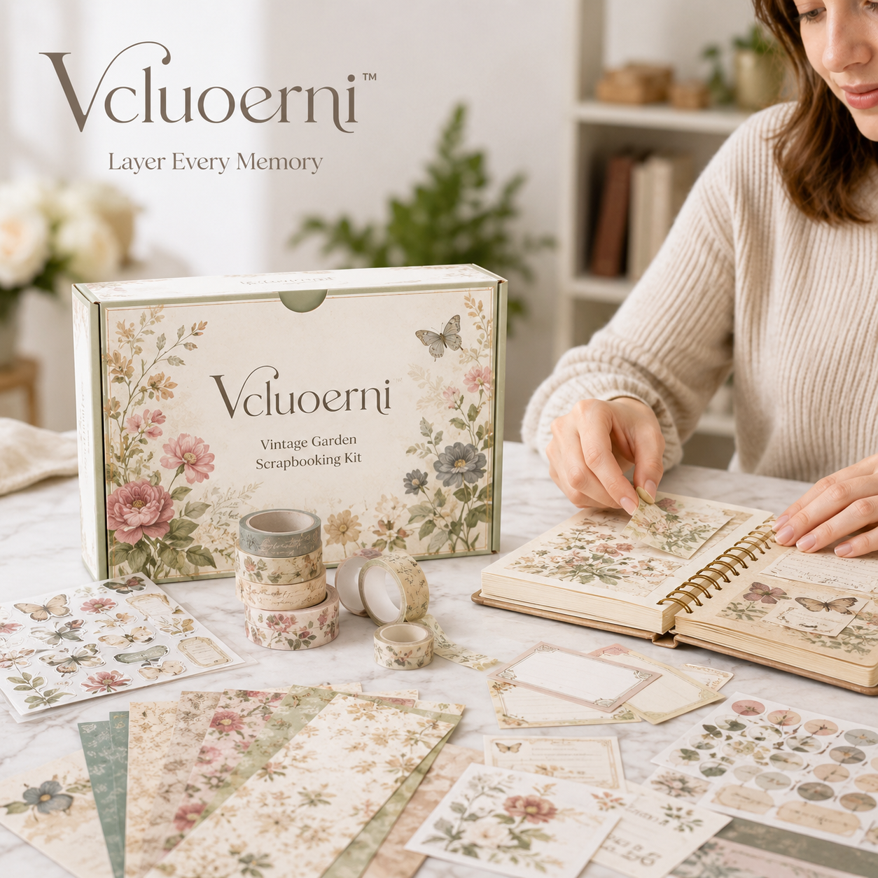 Vcluoerni™ Vintage Garden Scrapbooking Kit – 250-Piece Journaling Set with Decorative Paper, Stickers, Washi Tape and Notebook