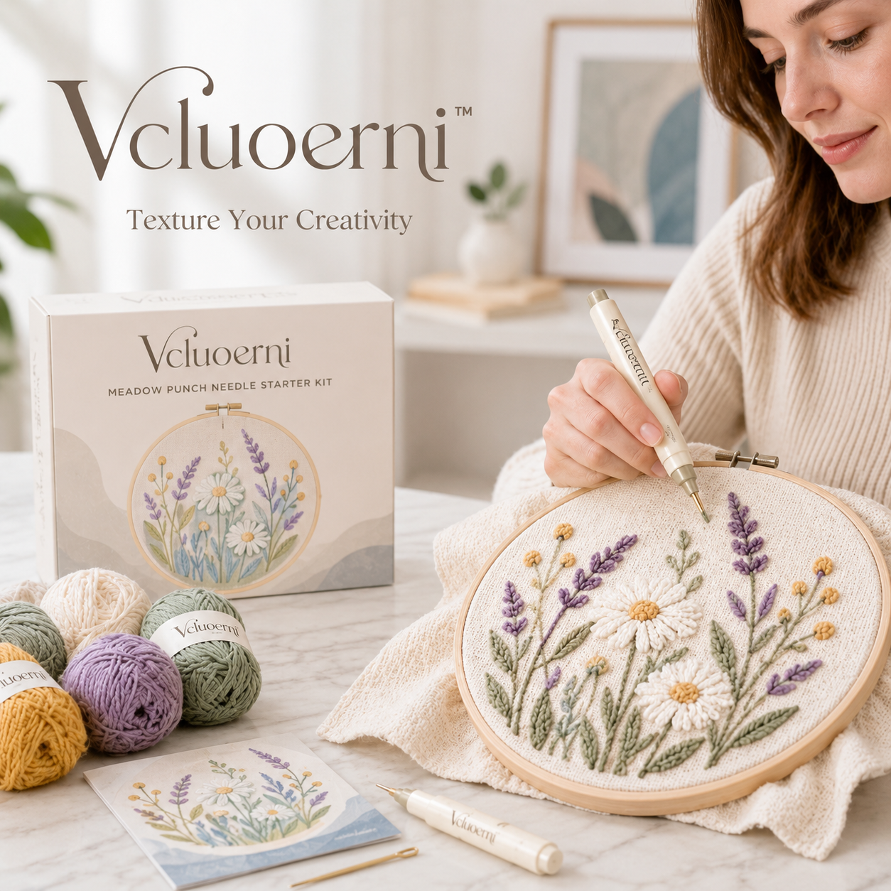 Vcluoerni™ Meadow Punch Needle Starter Kit – Beginner Embroidery Craft Set with Hoop, Printed Fabric, Yarn and Punch Tool