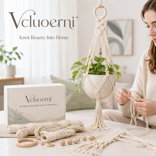 Vcluoerni™ Natural Macramé Plant Hanger Kit – Beginner DIY Cotton Cord Craft Set with Wooden Beads and Rings