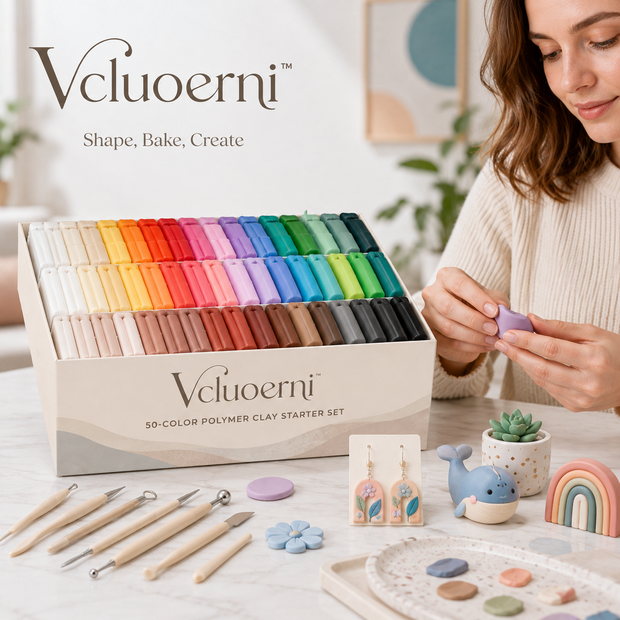 Vcluoerni™ 50-Color Polymer Clay Starter Set – Oven-Bake Modeling Clay Kit with Sculpting Tools and Storage Case
