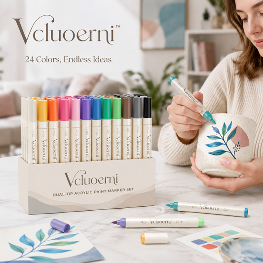 Vcluoerni™ 24-Color Dual-Tip Acrylic Paint Marker Set – Fine & Brush Tip Paint Pens for Rock, Wood, Canvas, Ceramic and DIY Crafts